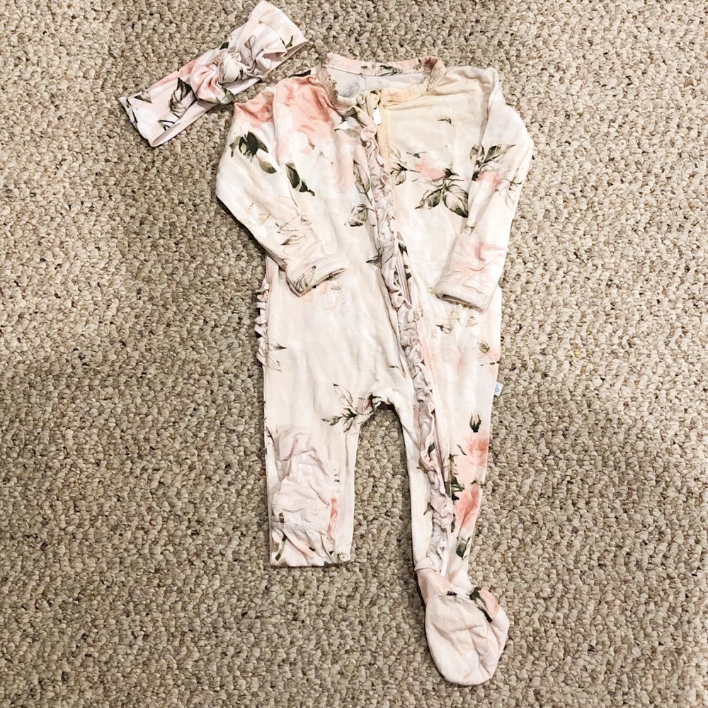 POSH PEANUT RUFFLE PAJAMAS & HEADBAND 0-3 MTH